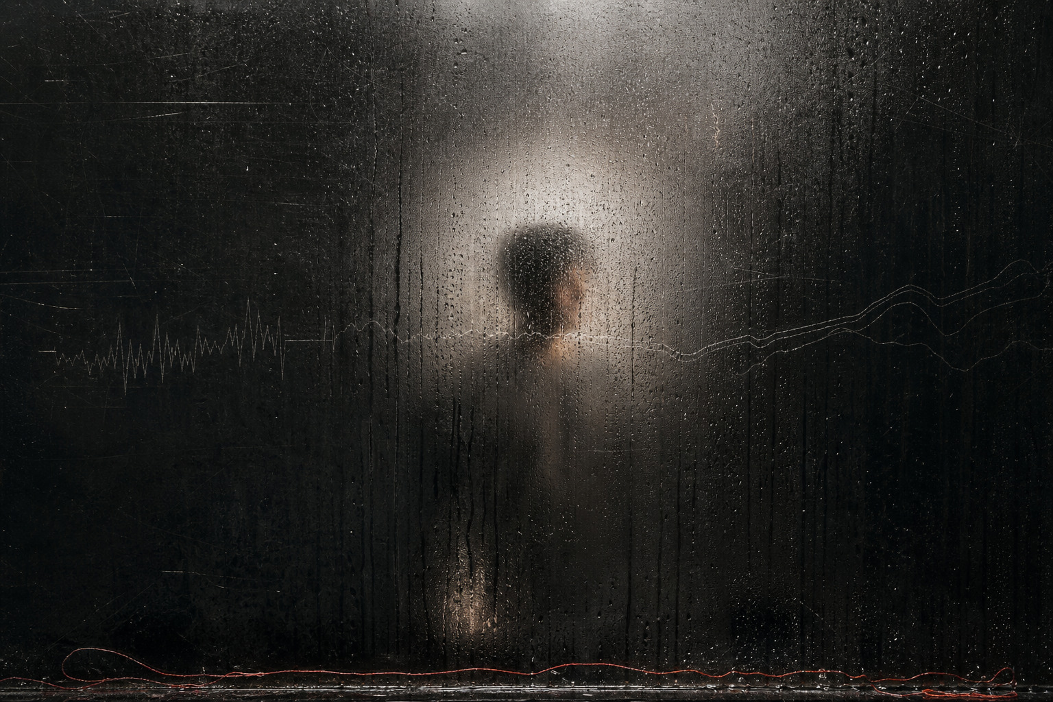 A lone blurred figure behind rain-streaked glass with a thin red thread resting along the floor.