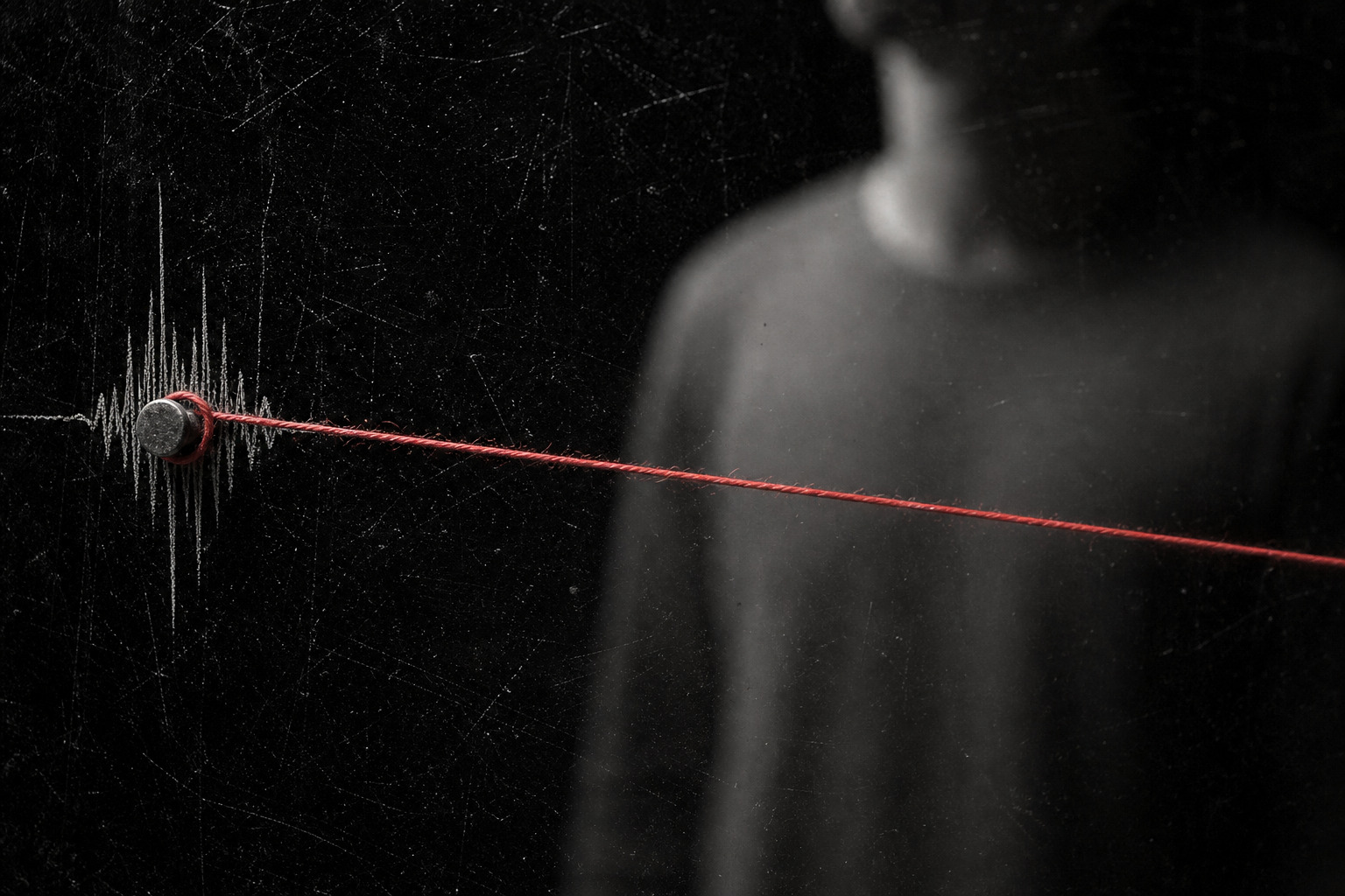 A red cotton thread pulled tight around a metal pin in front of a blurred torso and scratched glass.