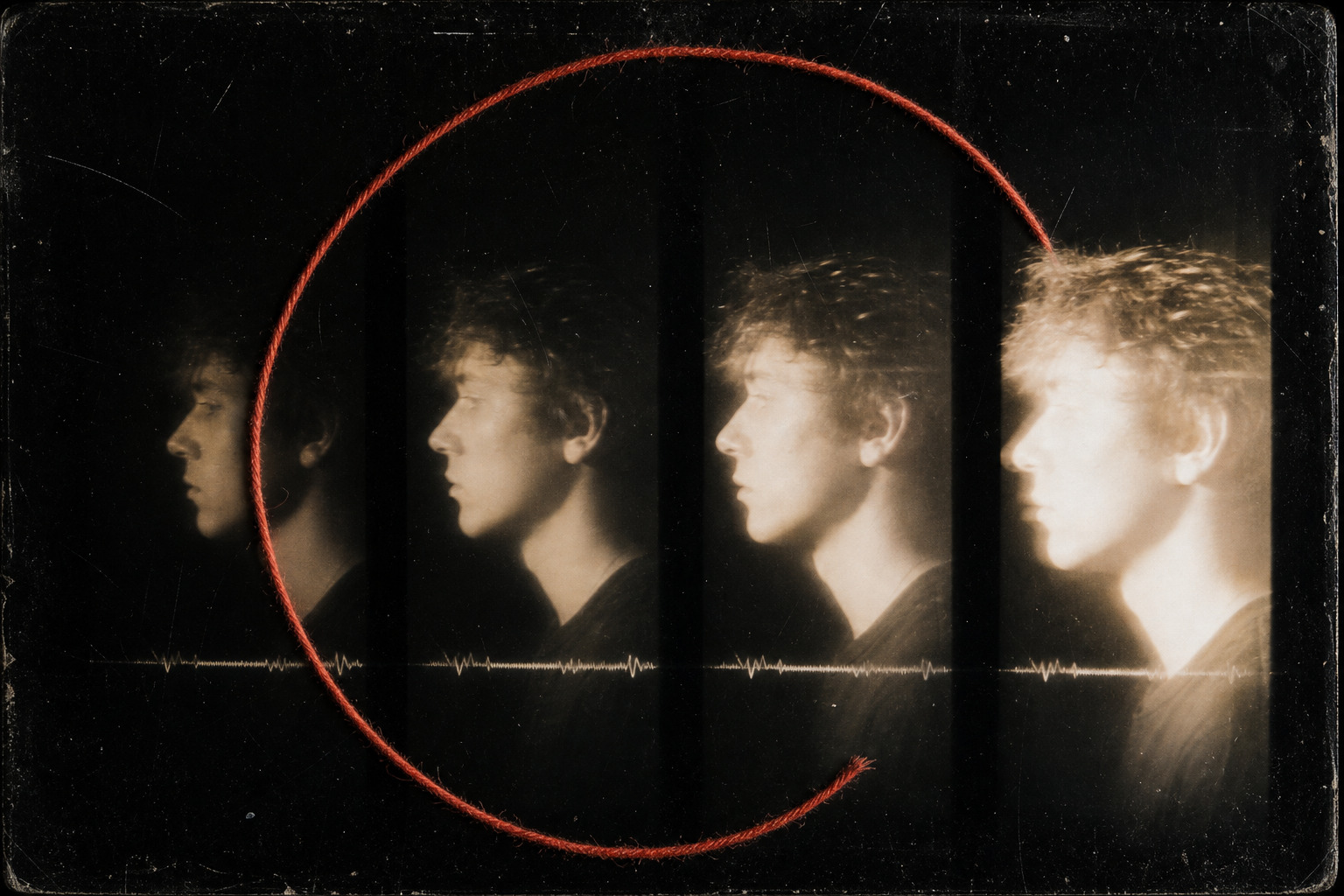Four delayed side profiles of one person repeat inside an incomplete red loop on a worn photographic print.