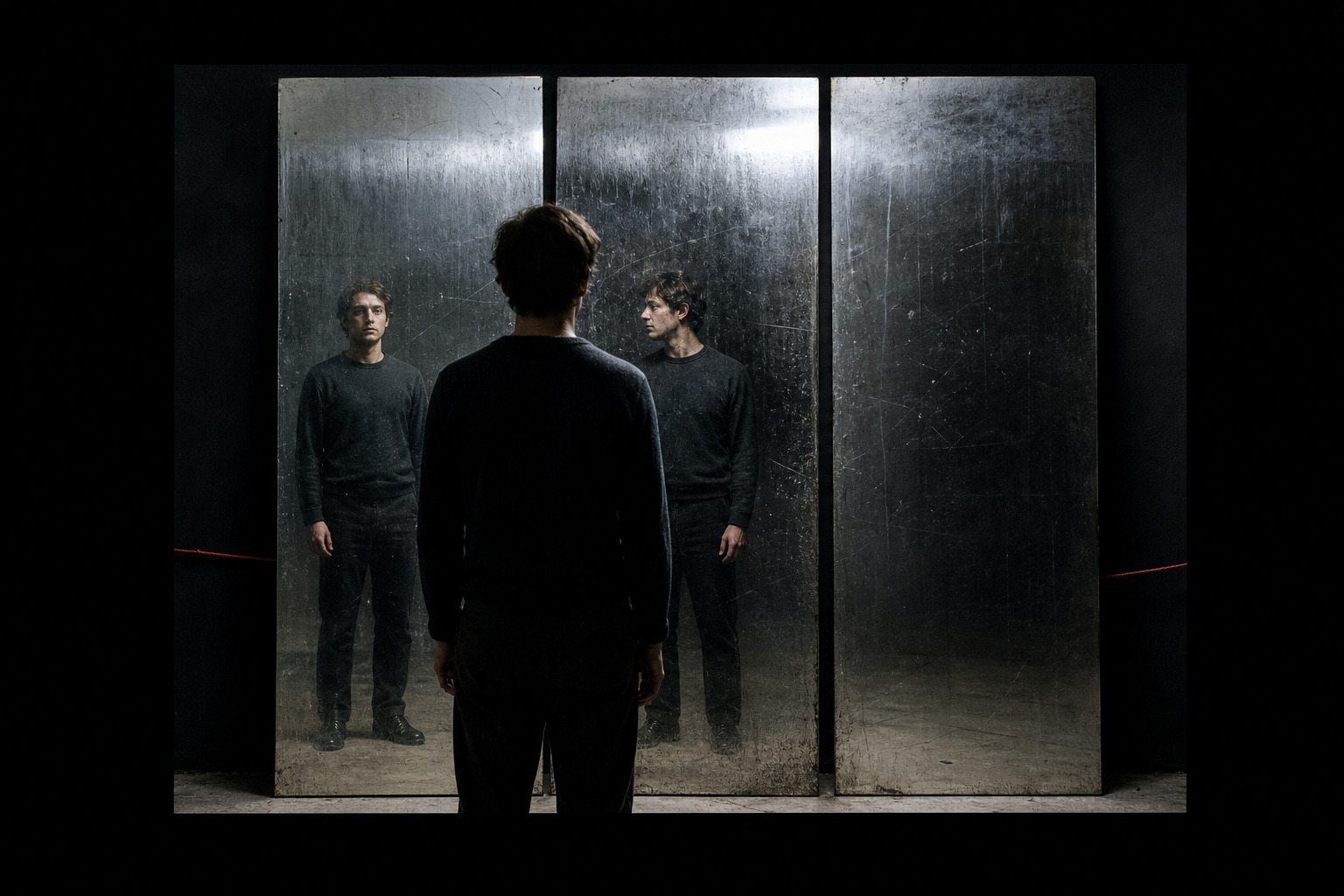A person faces three tall mirror panels that return two different reflections and one empty field.