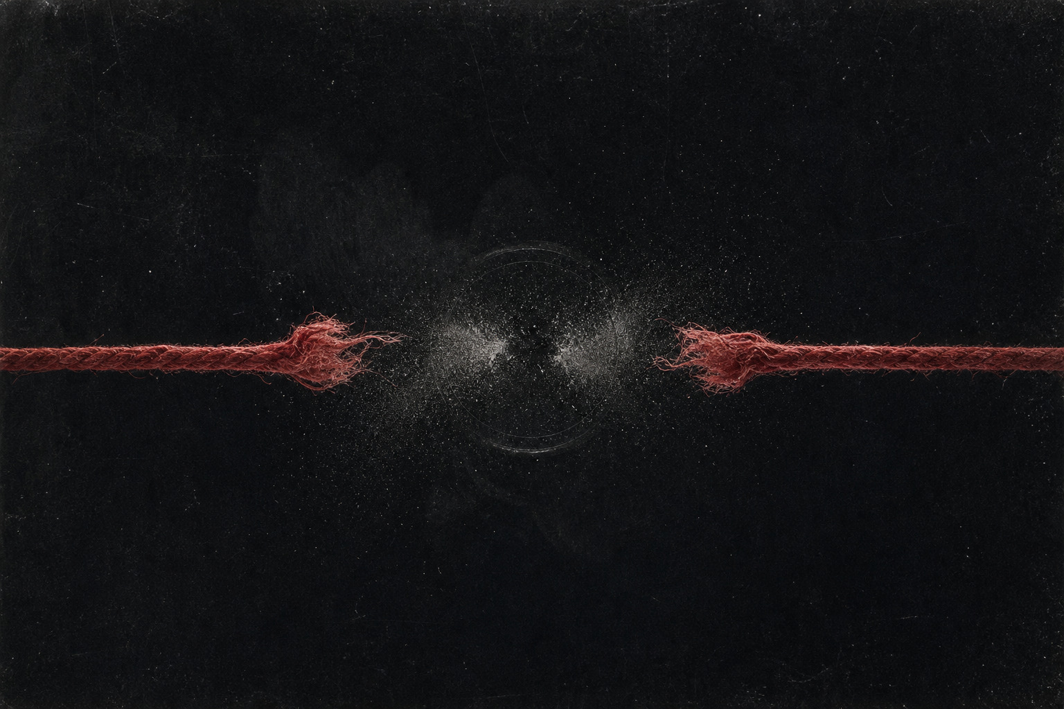 Two frayed ends of a snapped red cord recoil from a pale burst of dust against deep black.
