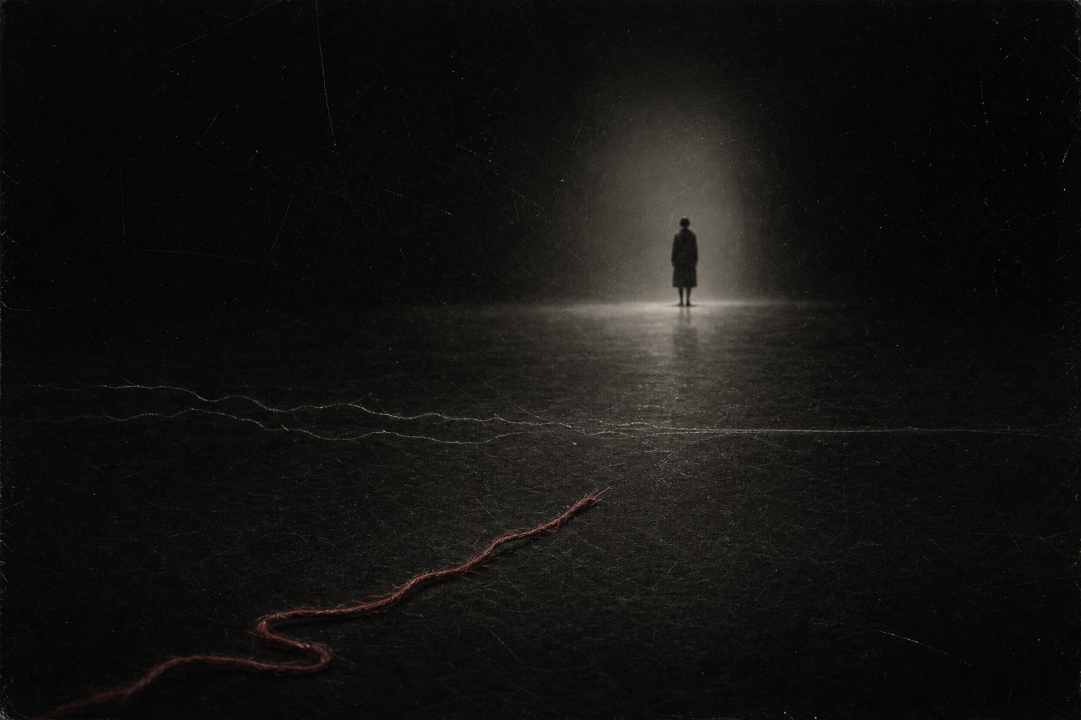 A small distant figure stands in a pool of white light while a loose red thread points towards them.