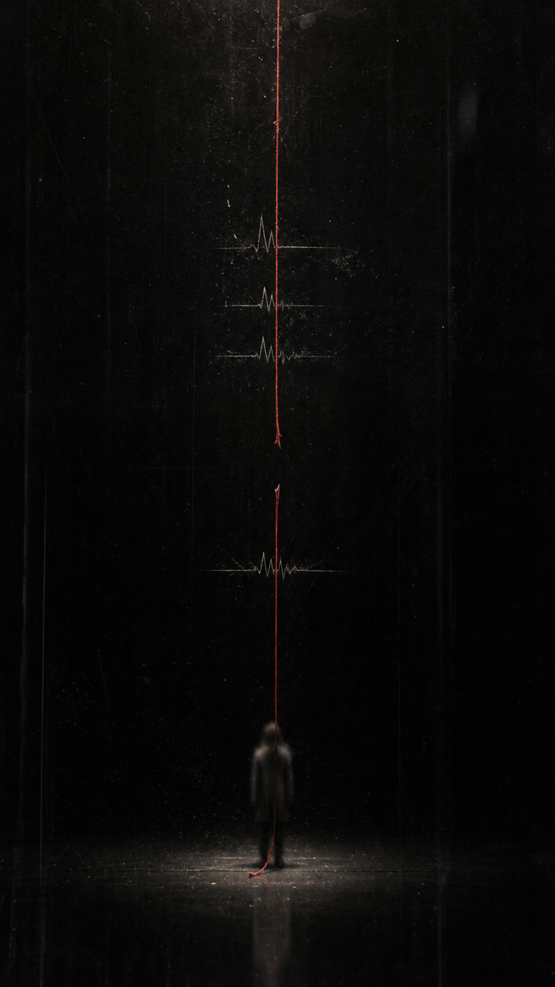 A long red thread breaks above a distant figure in a near-black vertical room marked with pale signal traces.