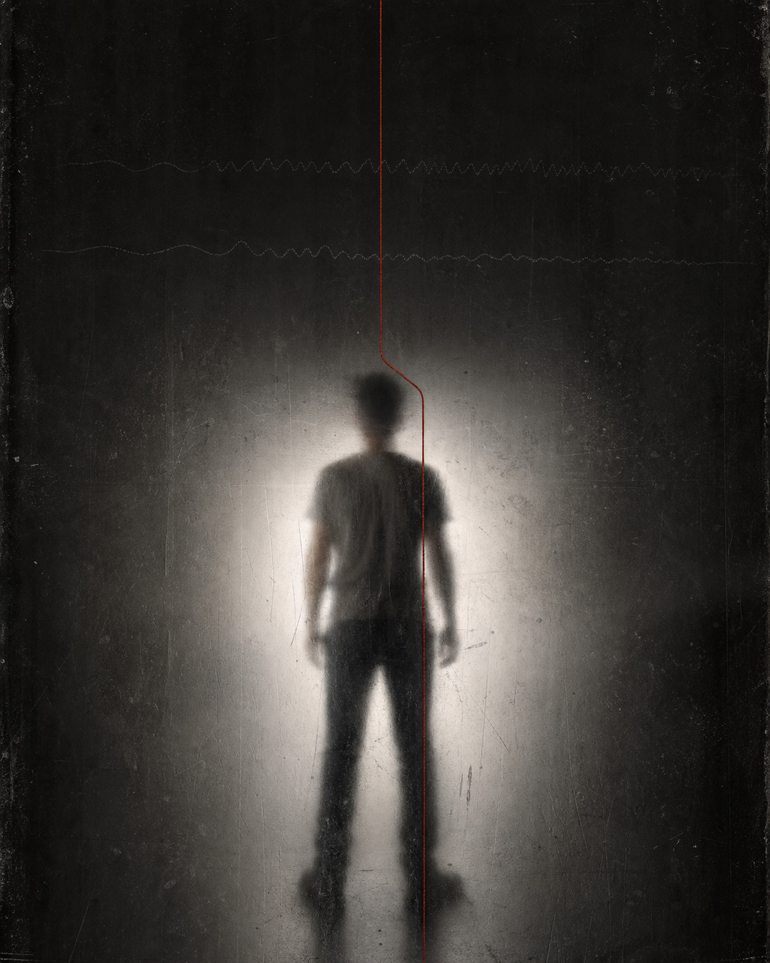 A standing figure behind dirty glass is divided by a single vertical red thread beneath two faint waveforms.