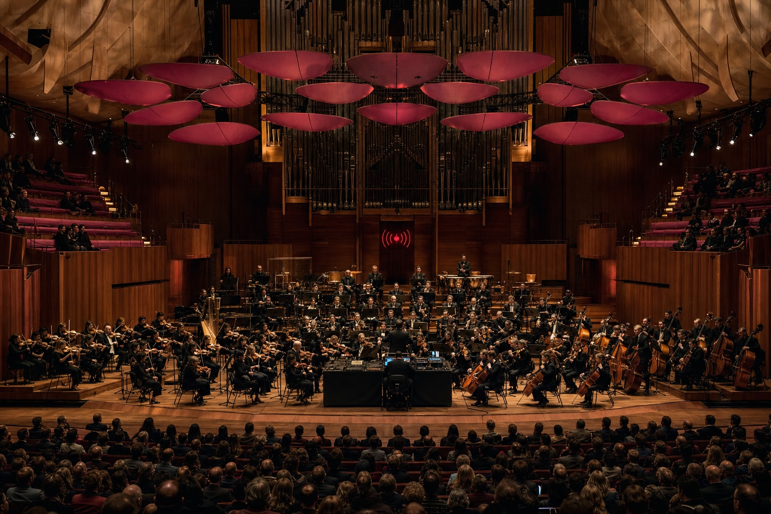 A full orchestra surrounds a low electronic production desk beneath magenta acoustic reflector petals in the Concert Hall.