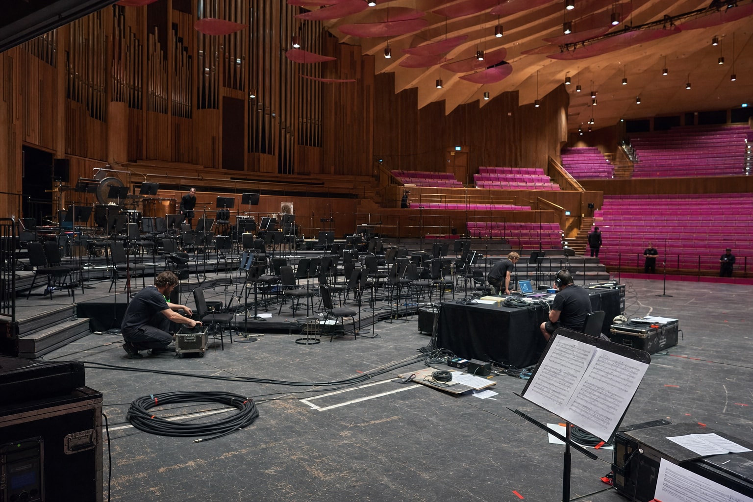 Technicians dress cables around an incomplete orchestra layout in the empty Concert Hall under working lights.