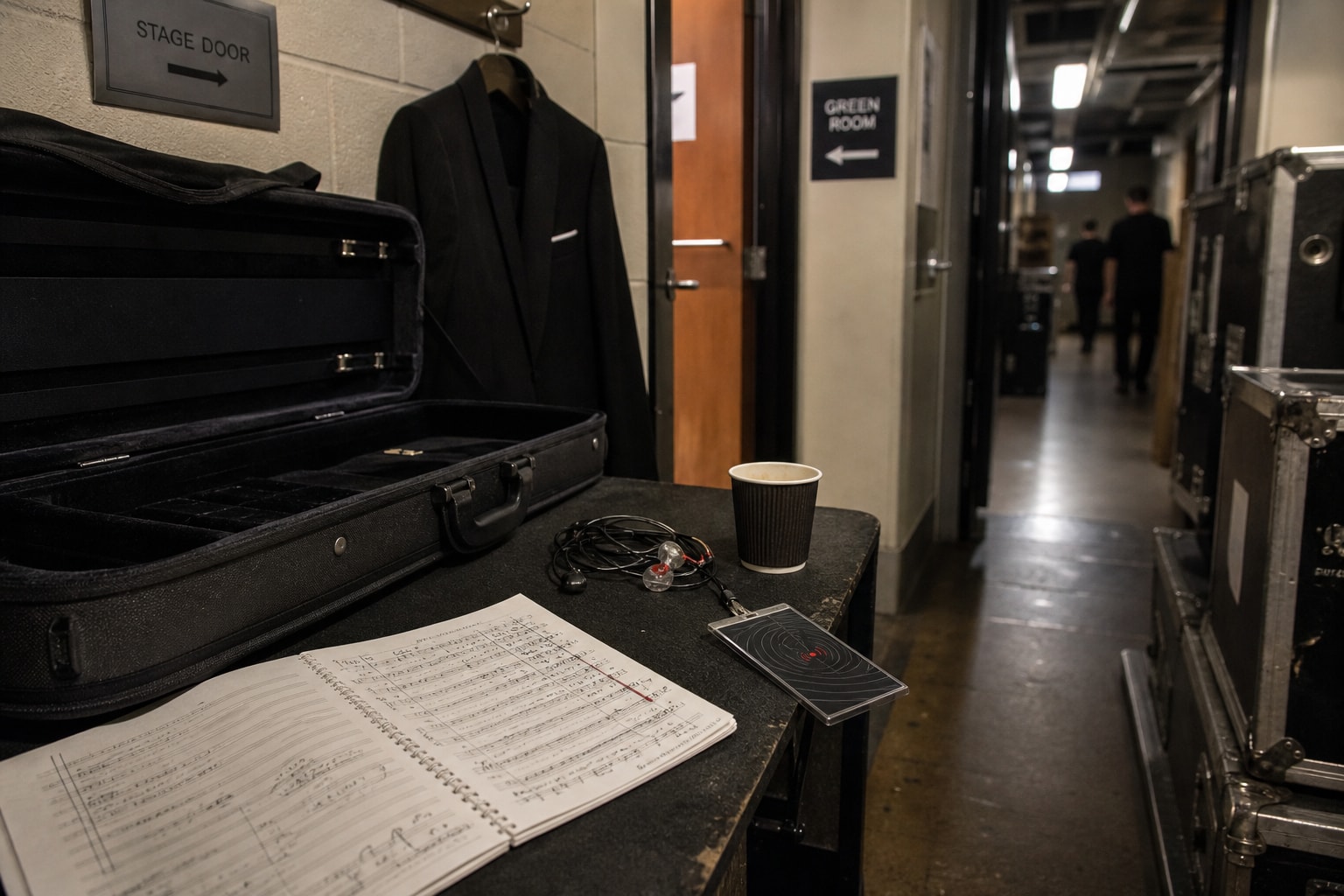 A concert jacket, open instrument case, marked score, in-ear set and archive pass wait on a scuffed backstage table.
