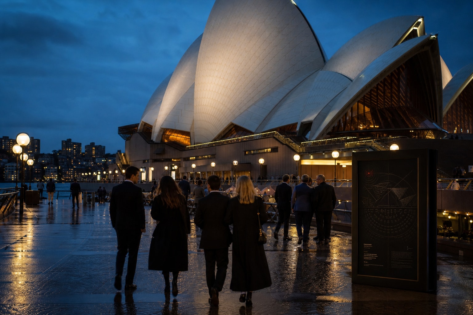 Concert guests approach the Sydney Opera House across wet granite at blue hour beside a restrained black event board.