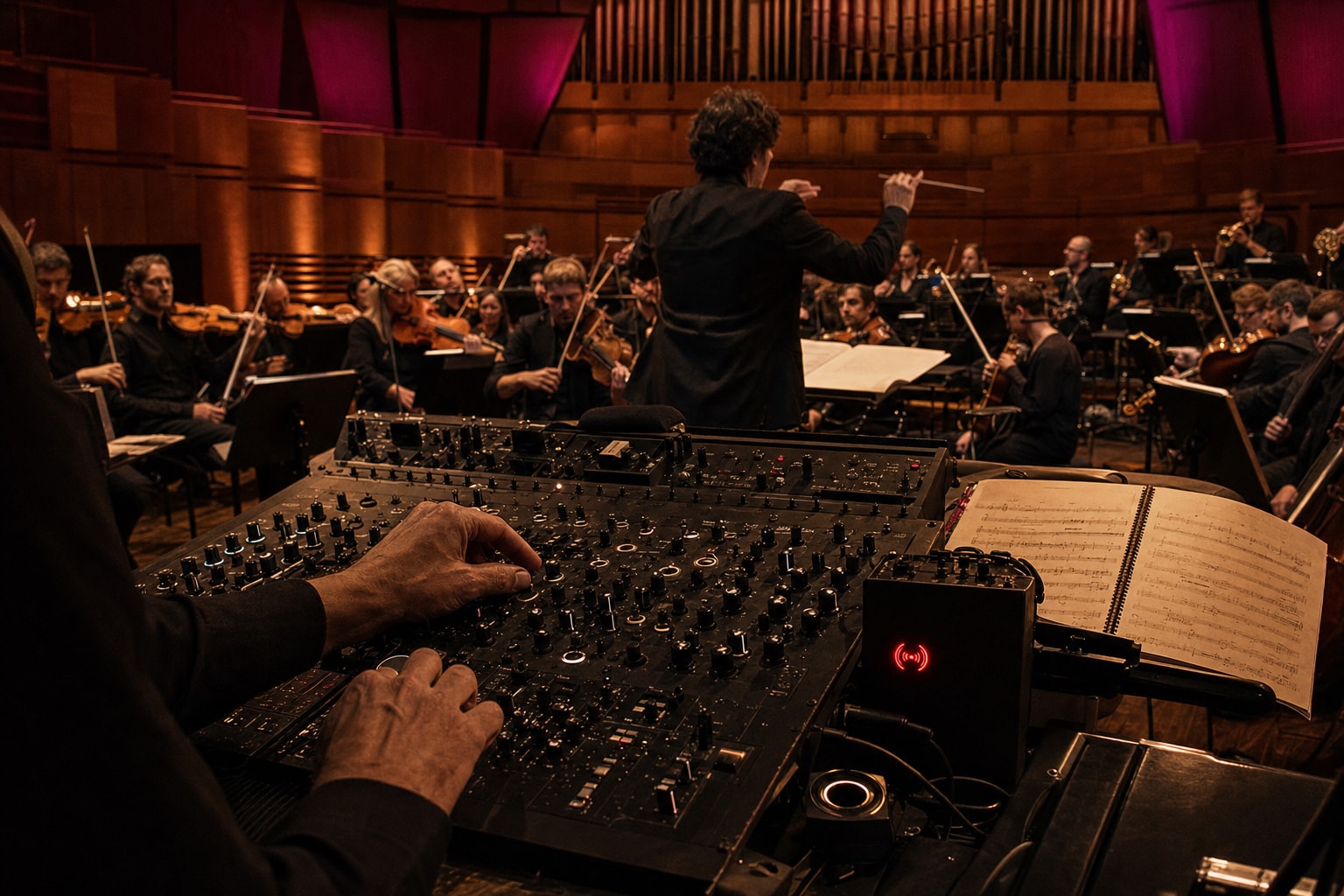 Hands work a dense electronic console while the conductor and orchestra perform immediately beyond it.