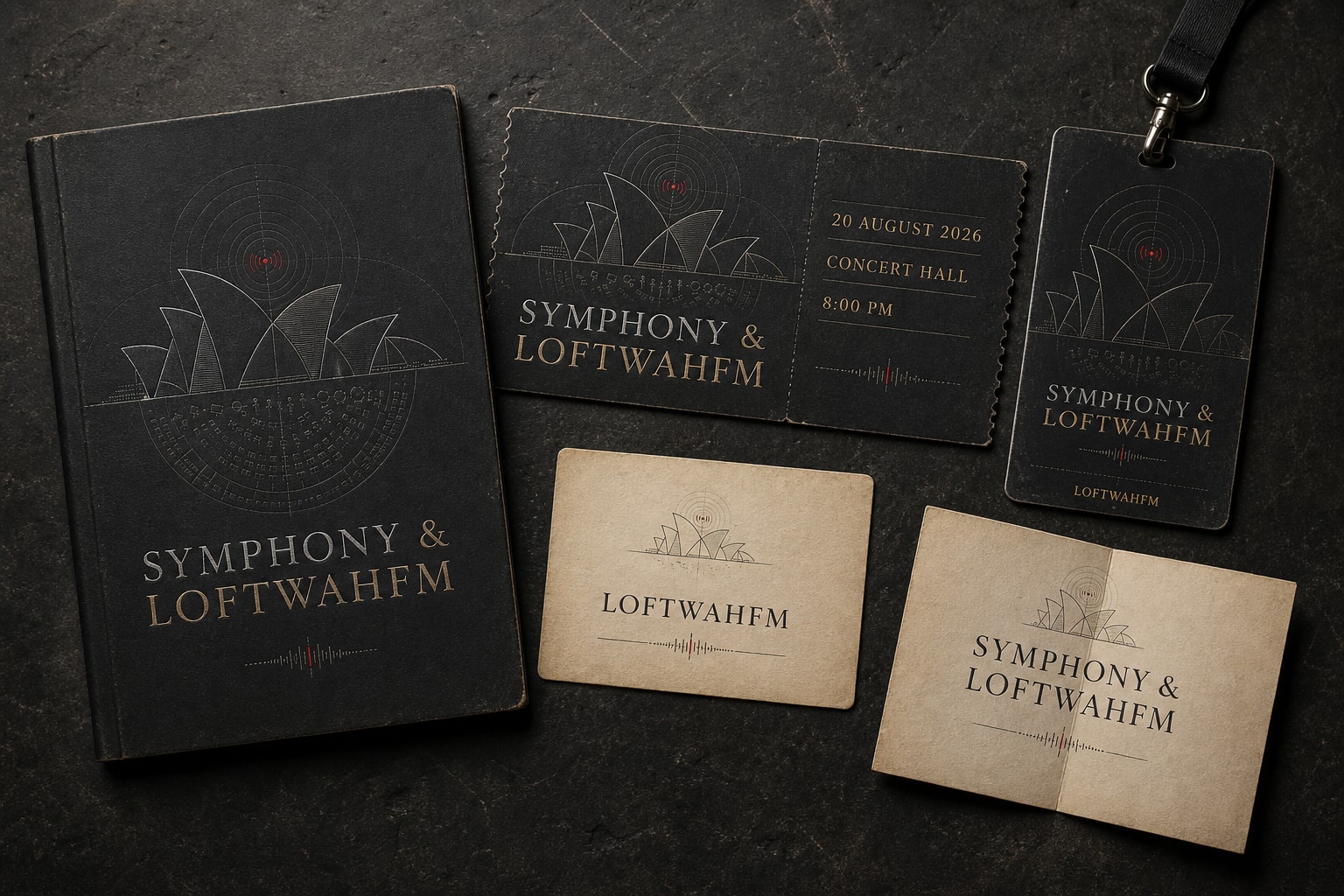 A black programme, ticket, pass, seat card and folded welcome insert share the embossed Symphony and LoftwahFM visual identity.