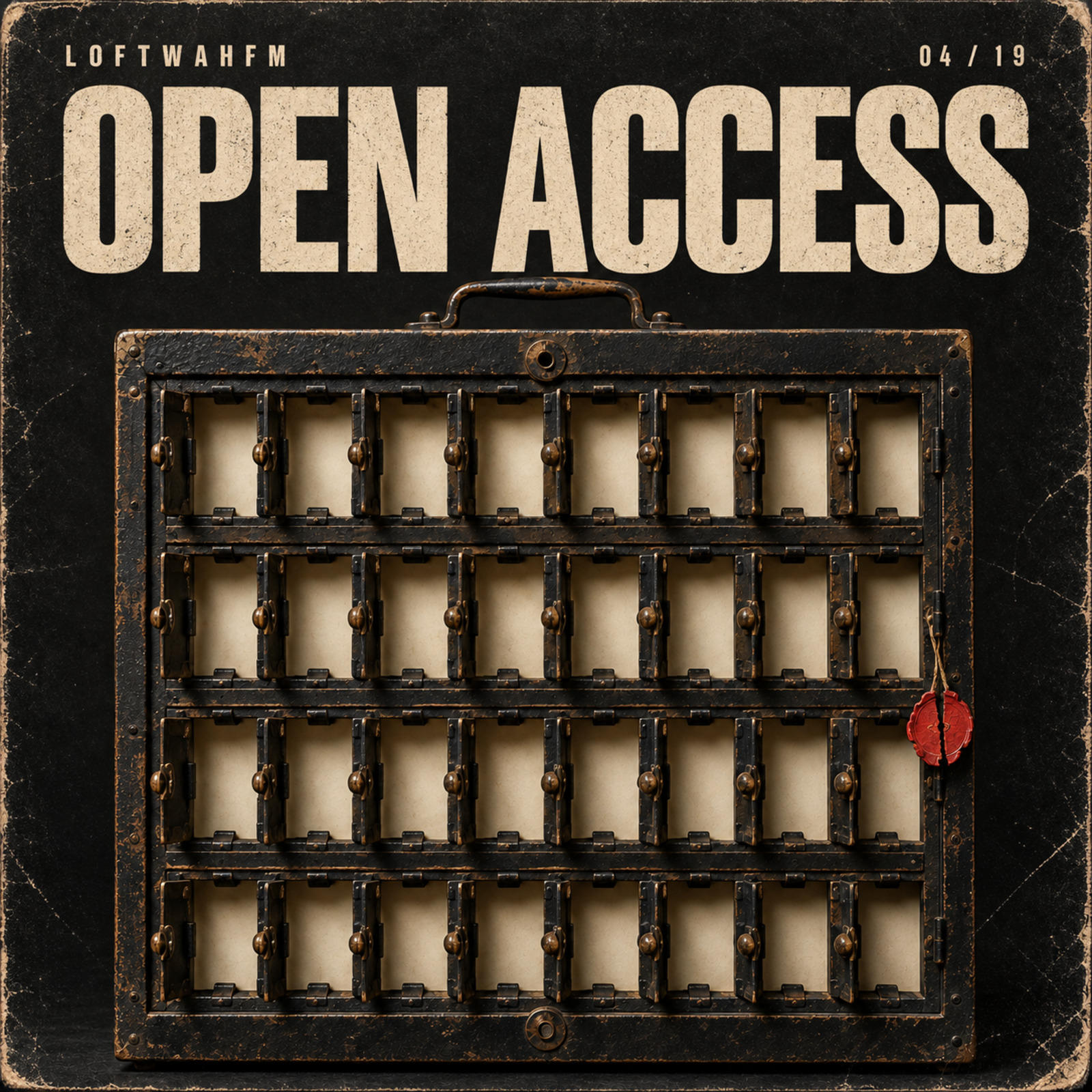 An old black access board stands with every latch open beneath the title Open Access.