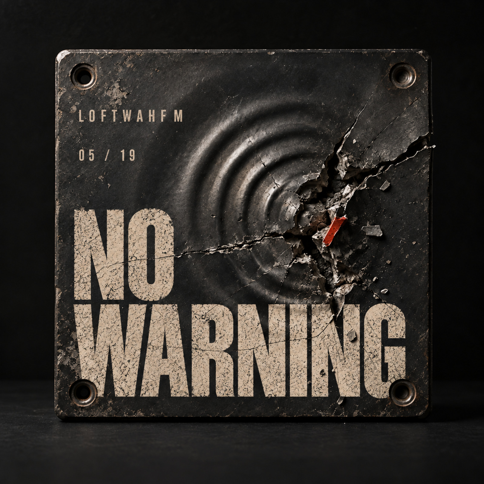 A black impact plate ruptures without a warning mark beneath the title No Warning.