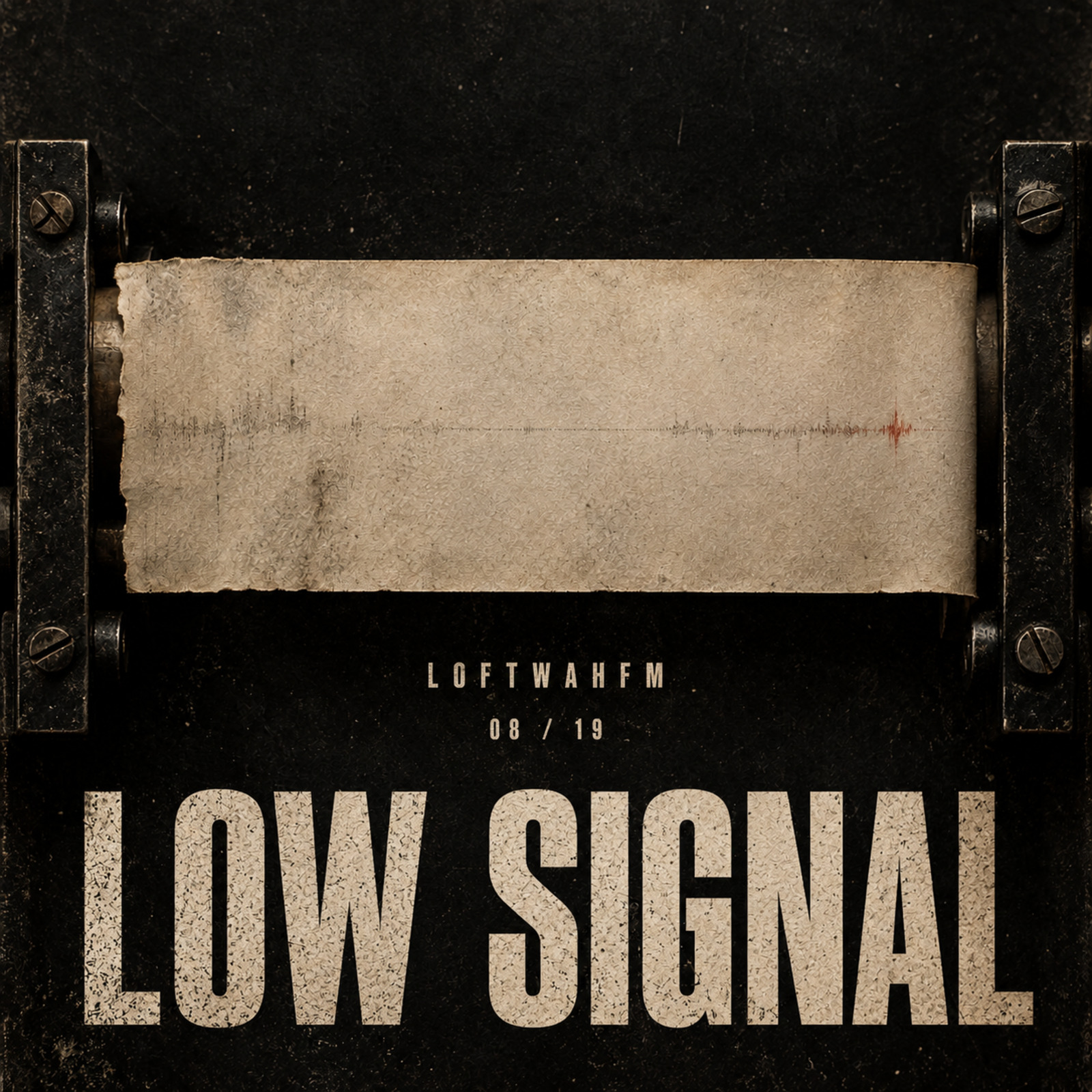 A faint analogue trace crosses worn paper above the title Low Signal.