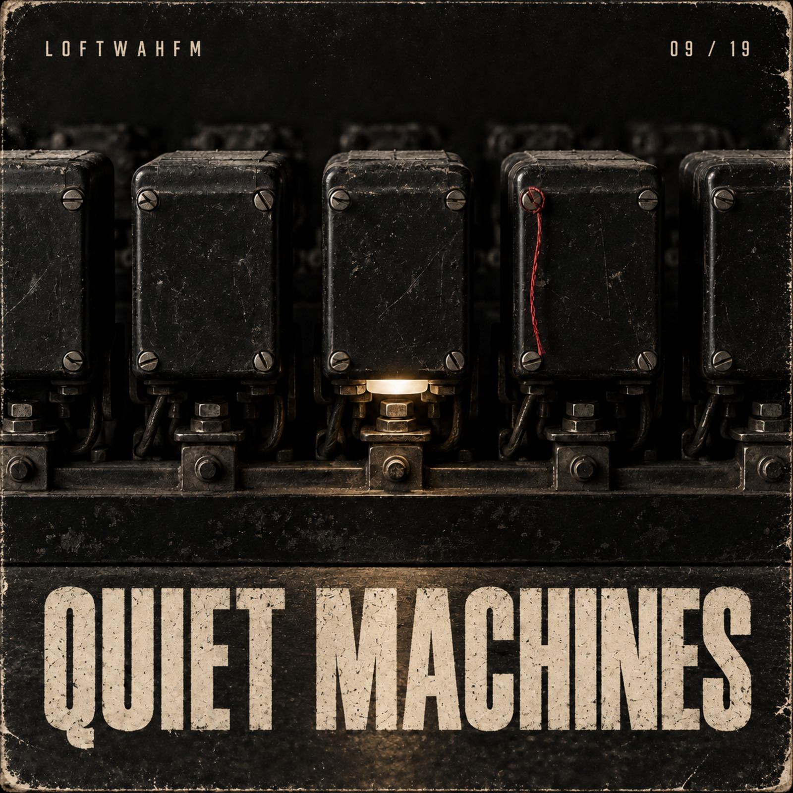 A row of black relay housings continues into darkness above the title Quiet Machines.