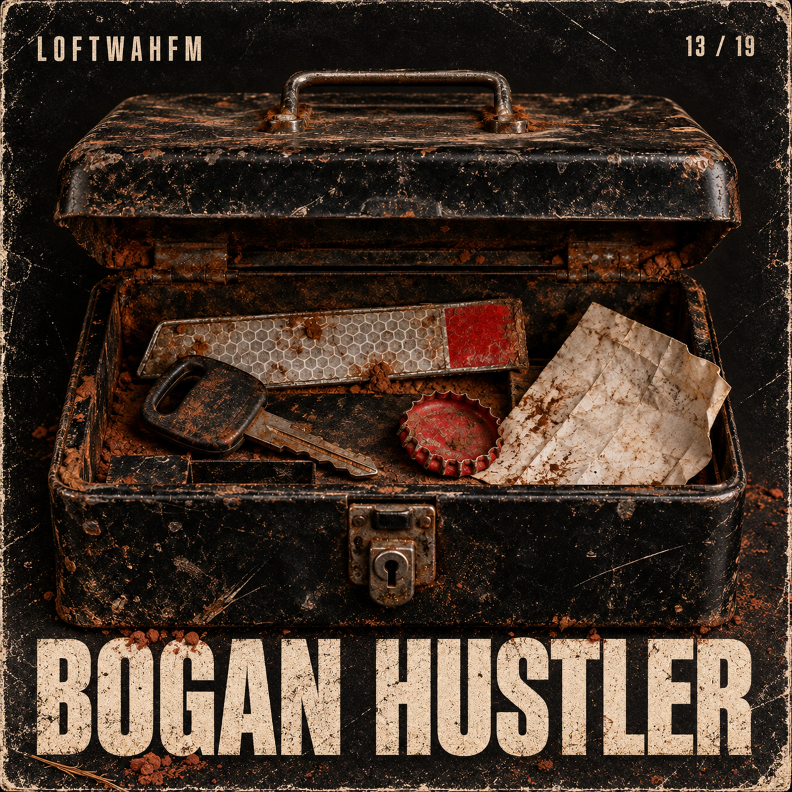 A dirt filled roadside cashbox holds a ute key, reflector and bottle cap above the track title.