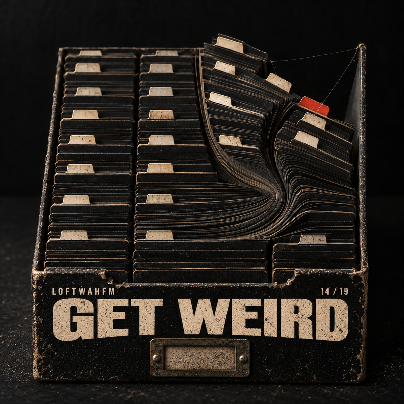 A disciplined card file curls impossibly out of alignment above the title Get Weird.