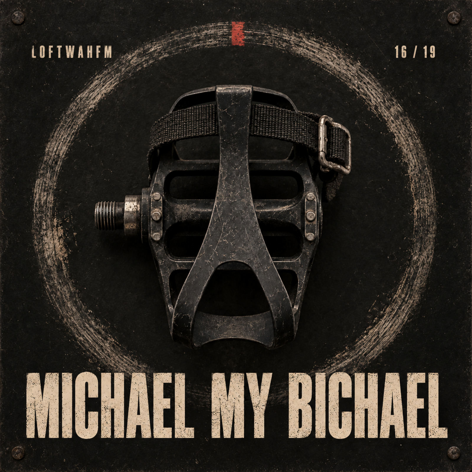 A stationary bike pedal sits inside a perfect worn circle above the track title.