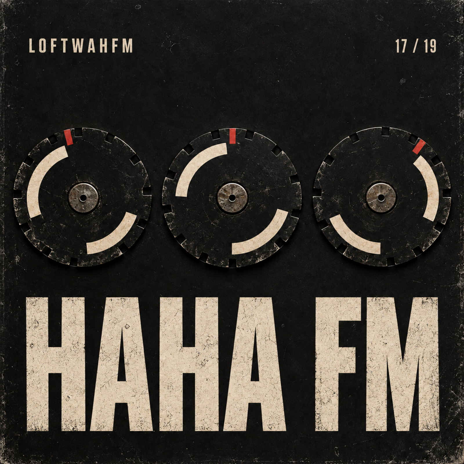 Three broadcast test discs skip one notch out of alignment above the title Haha FM.