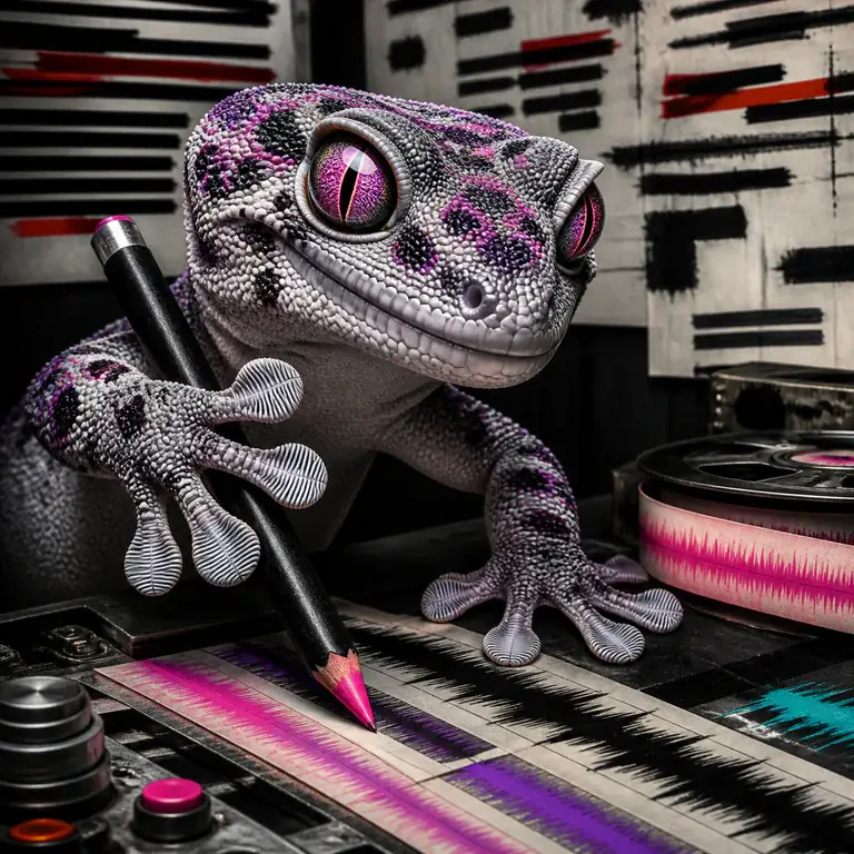 Stylised gecko representing Juno Slate tuning copy in the voice booth