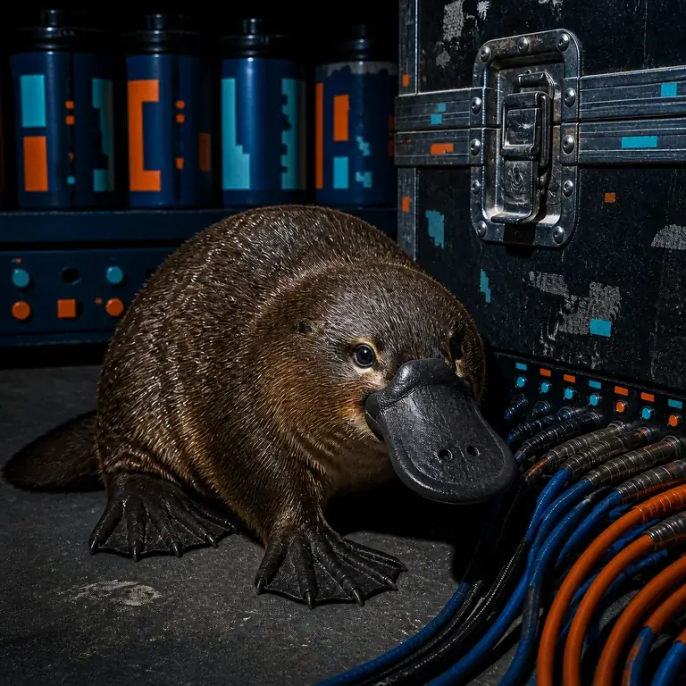 Stylised platypus representing Tarn Wells watching the edge release rig