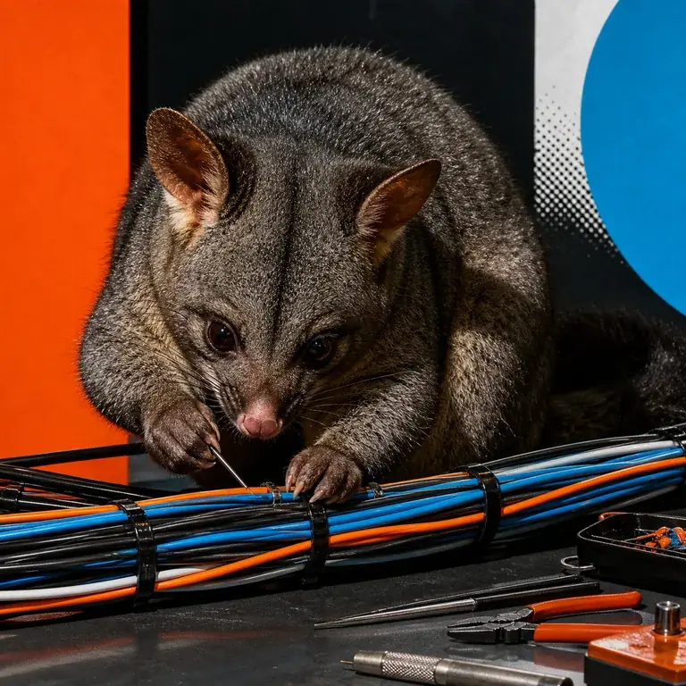 Stylised possum representing Nix Rowan repairing the signal cable loom